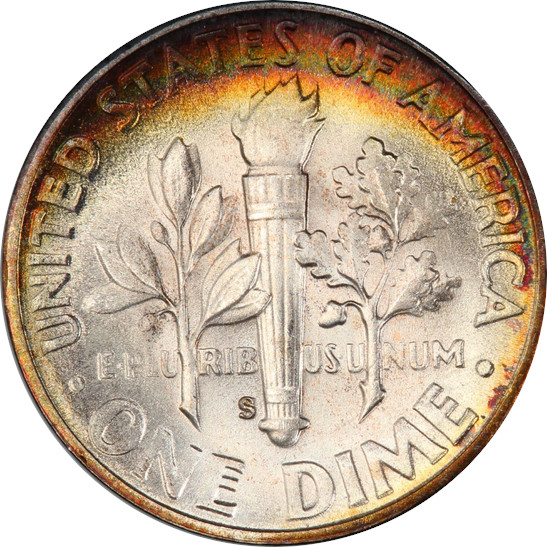 1950-S Roosevelt Dime, Mint State 68 Full Bands, Reverse