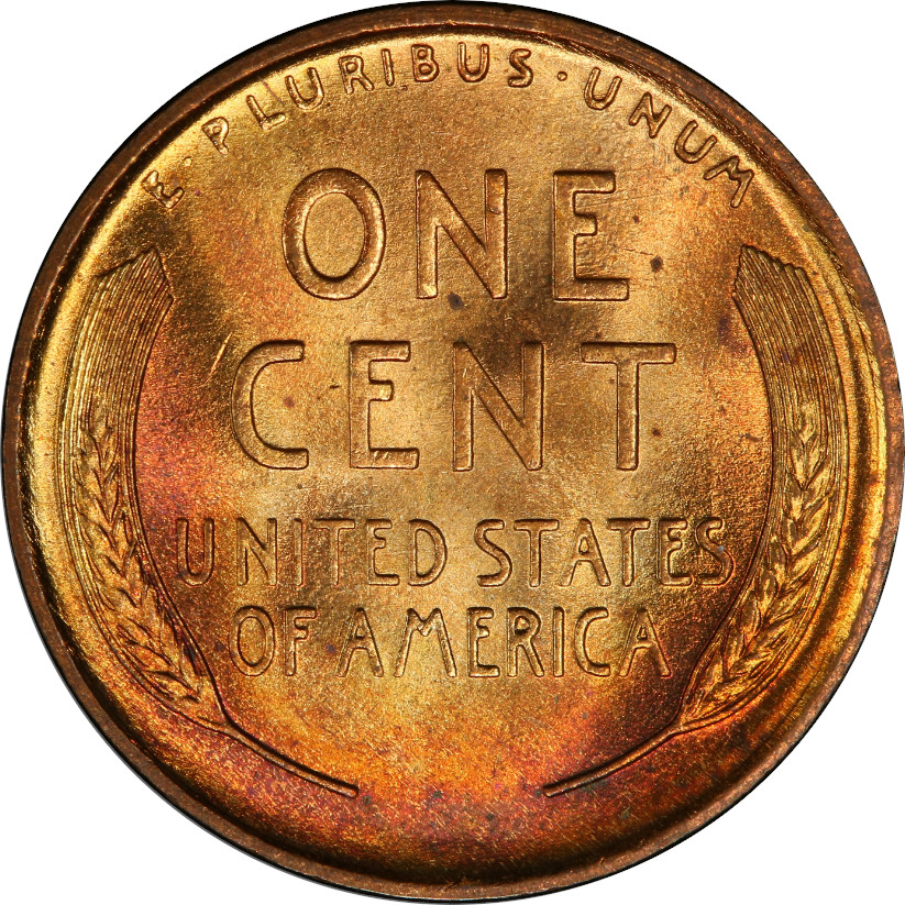 1909 Lincoln Cent certified Mint State 66 Red, Reverse. Look at that toning! If the patina appeals to you more than the spots detract, a coin like this could make a rather nice first-year piece for your type set.